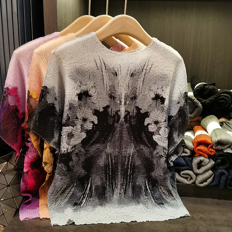 LANMREM Niche Design High Qualtiy Ink Print Pleated Top For Women Summer New Round Neck Loose Casual Bat Sleeve T-shirt 2DB3298