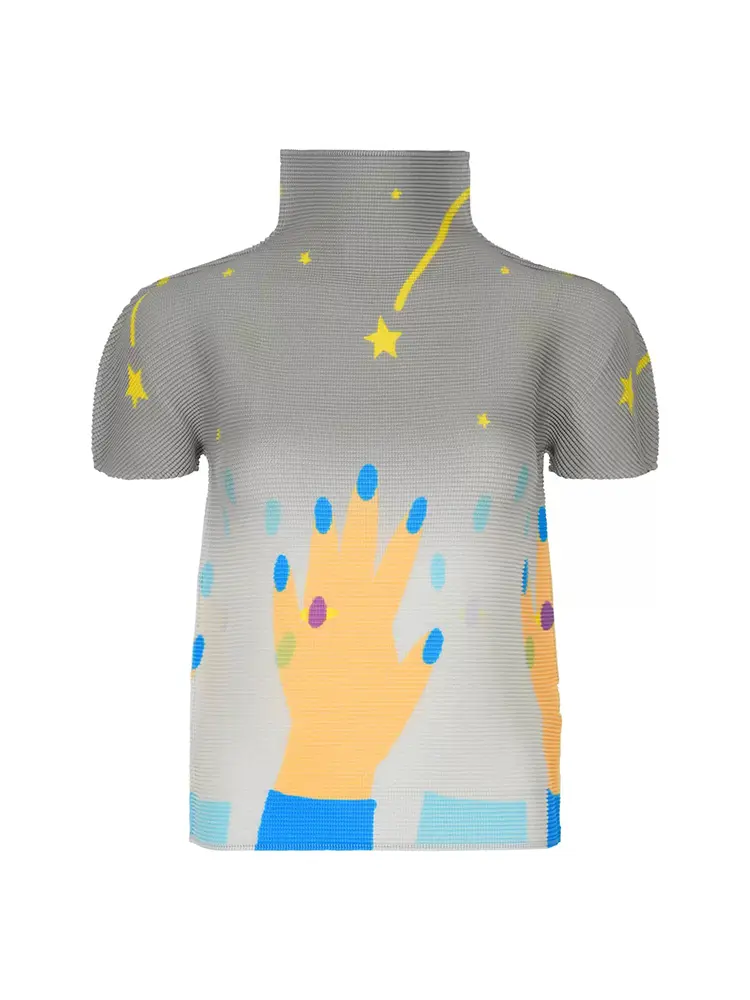 LANMREM Summer Chic Stand Collar Top Design Niche Versatile Slimming Printed Pleated Women's Pullover T-shirt 2025 New  2DB3001
