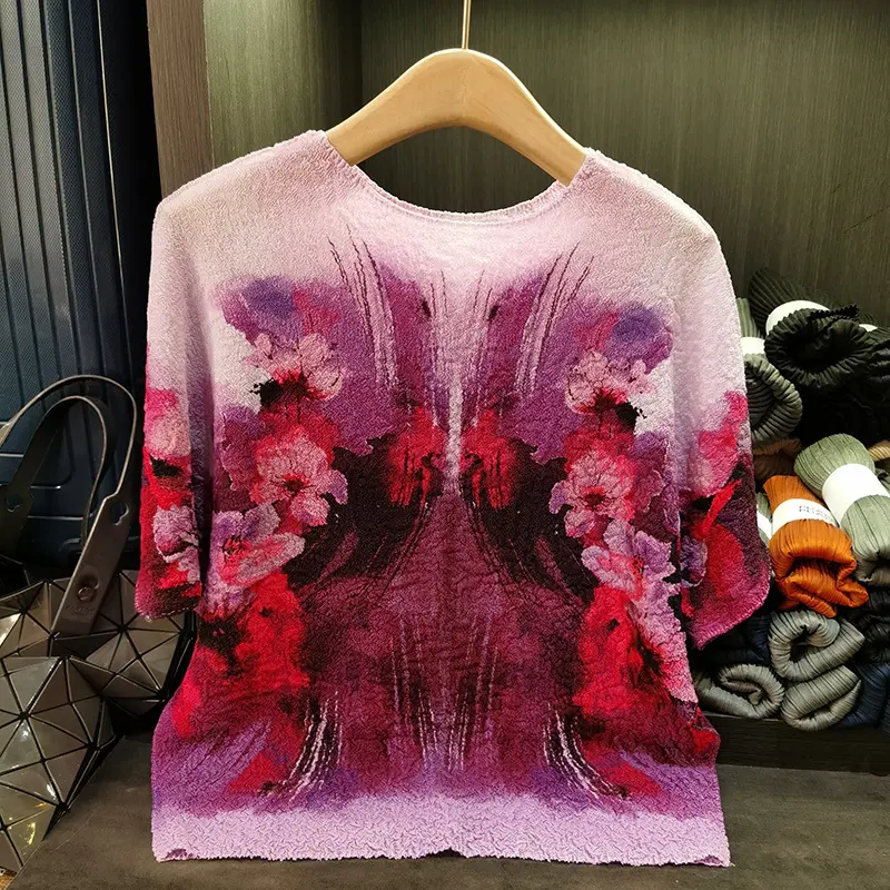 LANMREM Niche Design High Qualtiy Ink Print Pleated Top For Women Summer New Round Neck Loose Casual Bat Sleeve T-shirt 2DB3298