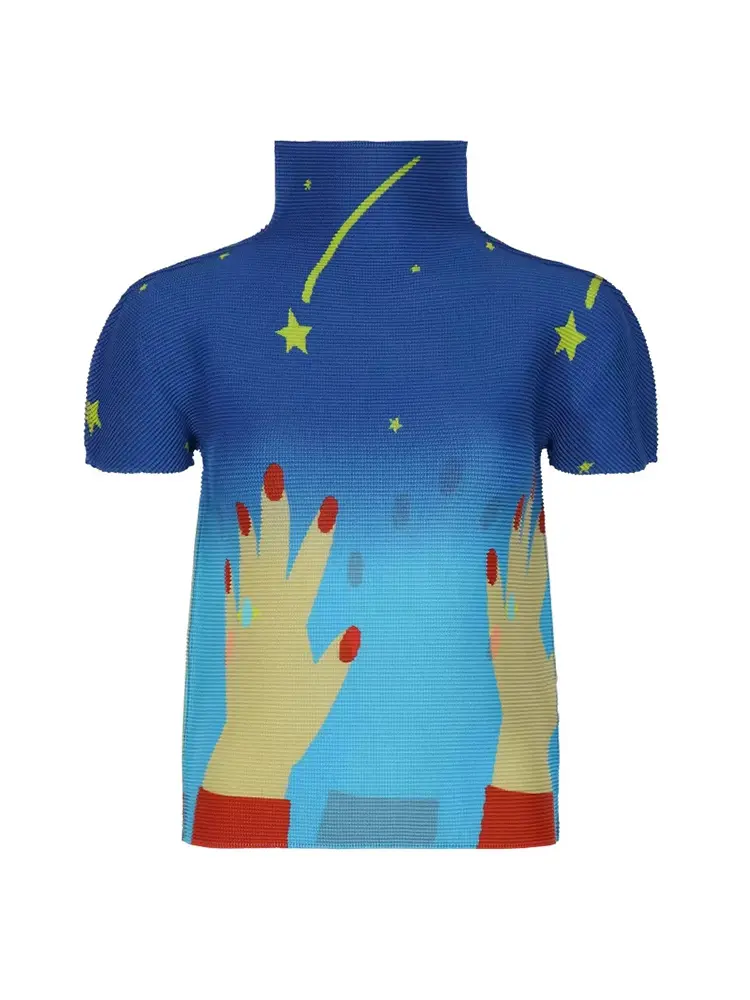 LANMREM Summer Chic Stand Collar Top Design Niche Versatile Slimming Printed Pleated Women's Pullover T-shirt 2025 New  2DB3001