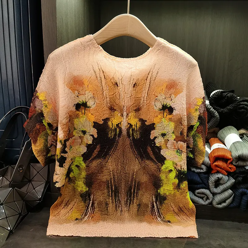 LANMREM Niche Design High Qualtiy Ink Print Pleated Top For Women Summer New Round Neck Loose Casual Bat Sleeve T-shirt 2DB3298