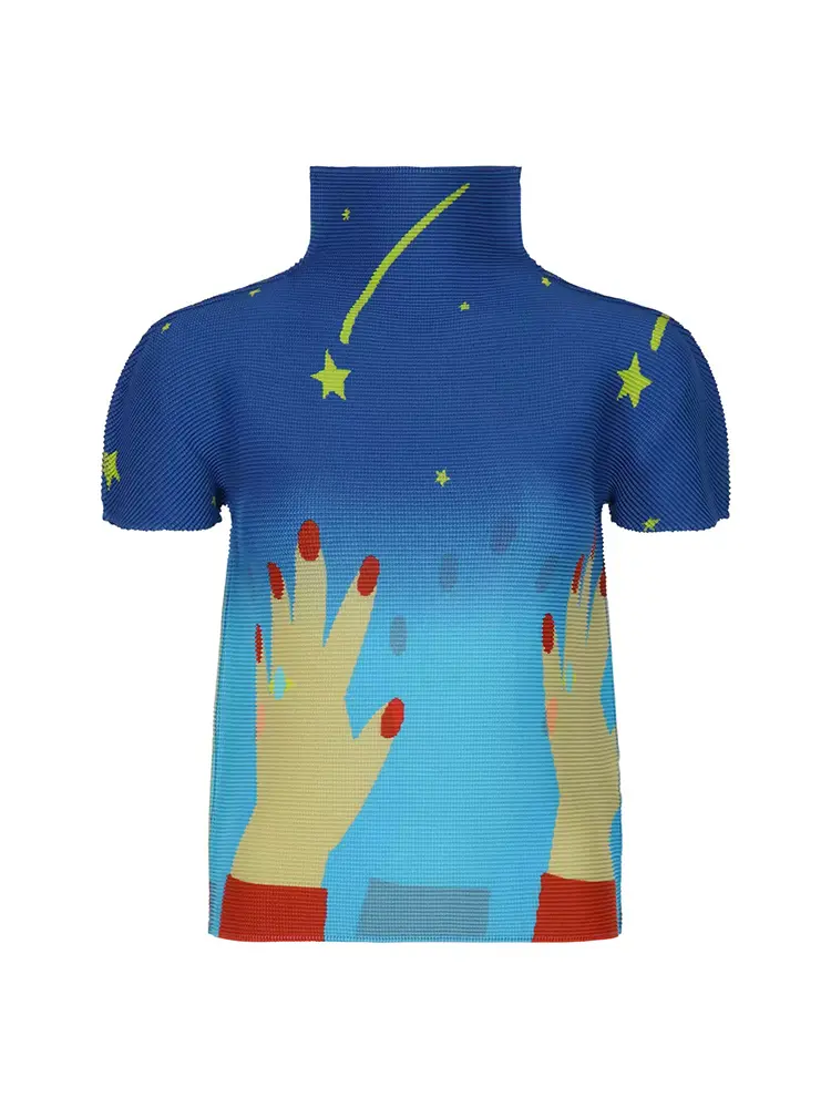 LANMREM Summer Chic Stand Collar Top Design Niche Versatile Slimming Printed Pleated Women's Pullover T-shirt 2025 New  2DB3001