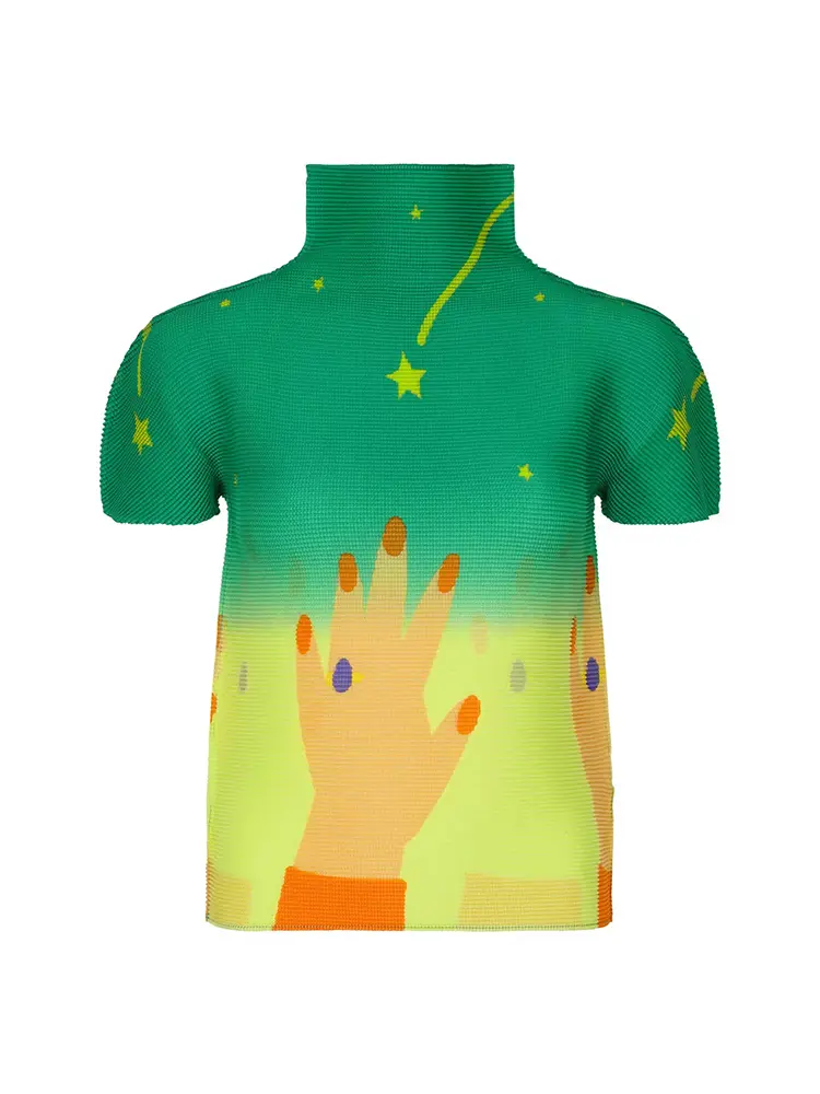 LANMREM Summer Chic Stand Collar Top Design Niche Versatile Slimming Printed Pleated Women's Pullover T-shirt 2025 New  2DB3001