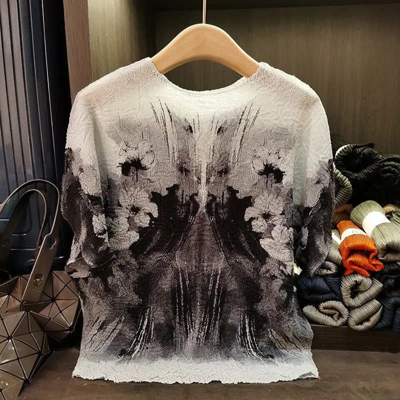 LANMREM Niche Design High Qualtiy Ink Print Pleated Top For Women Summer New Round Neck Loose Casual Bat Sleeve T-shirt 2DB3298