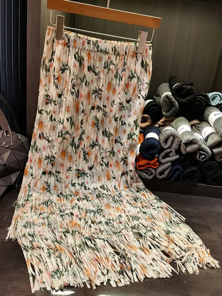 LANMREM 2025 Summer New Small Floral Design Midi Skirt High-end Vacation Style Elegant Pleated Tassel Skirts For Women 2DM1050