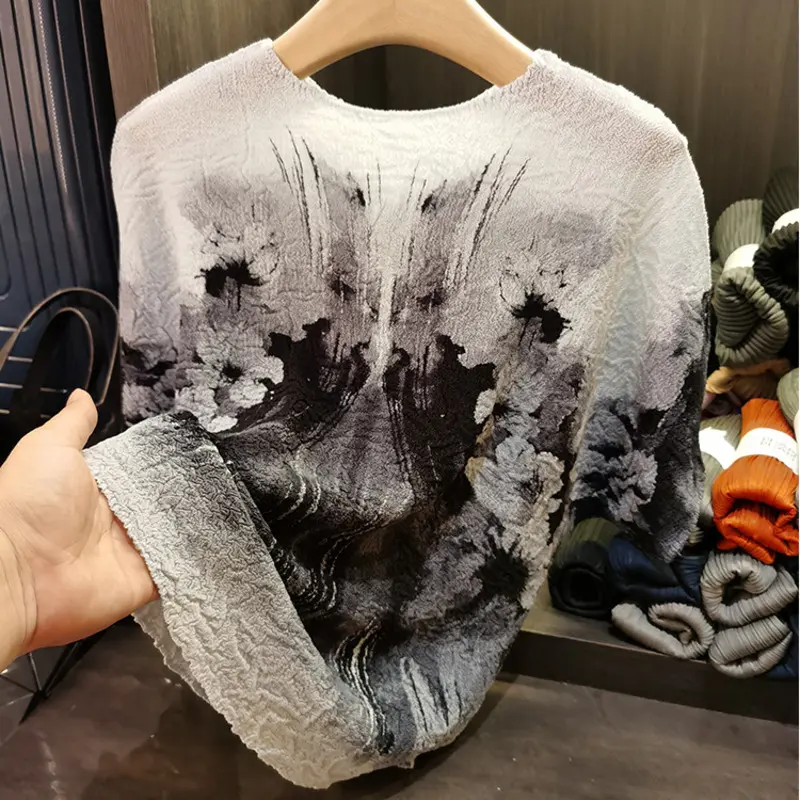 LANMREM Niche Design High Qualtiy Ink Print Pleated Top For Women Summer New Round Neck Loose Casual Bat Sleeve T-shirt 2DB3298