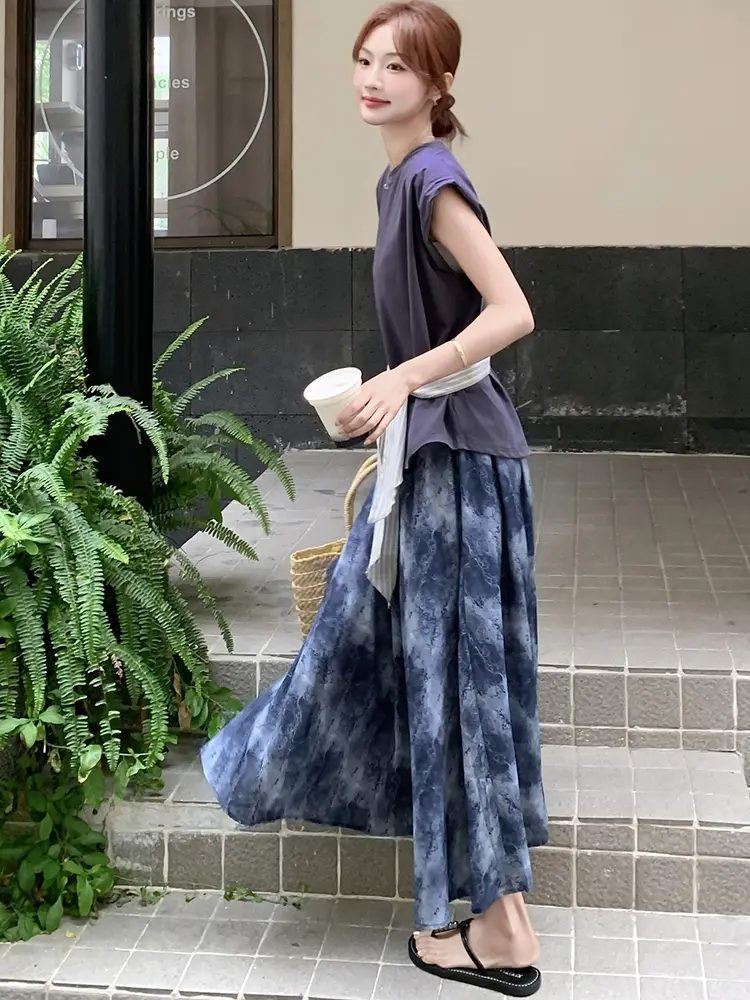 LANMREM Minimalist Two-Piece Set Sleevelss Belt Shirts With Long Blue Print Skirt Women Casual Fashion Clothes Summer 2DM1031