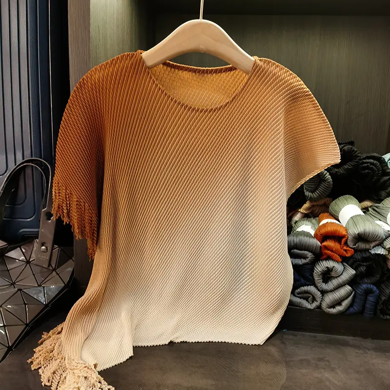 LANMREM Gradient Bat Sleeve Pleated Women's T-shirt Summer New Irregular Loose O-neck Short Sleeve Tassel Spliced Top 2DB3325