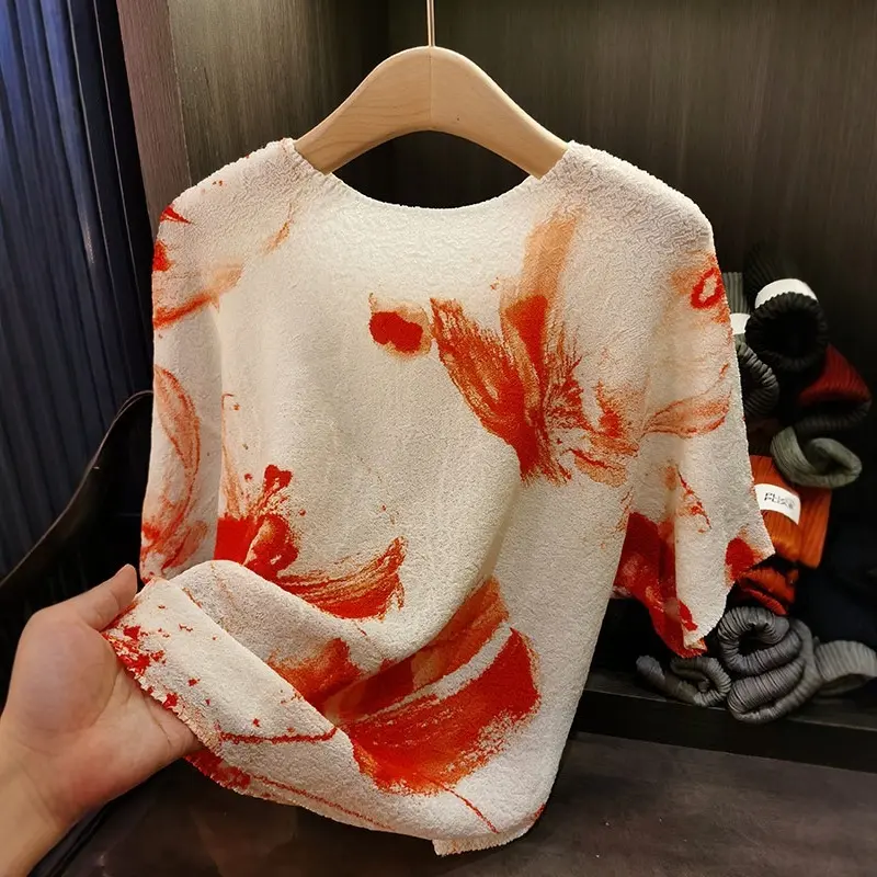 LANMREM High-end Short Sleeved Pleated T-shirt Summer 2025 New Ink Print Round Neck Women's Loose Casual Bat Sleeve Top 2DB3173