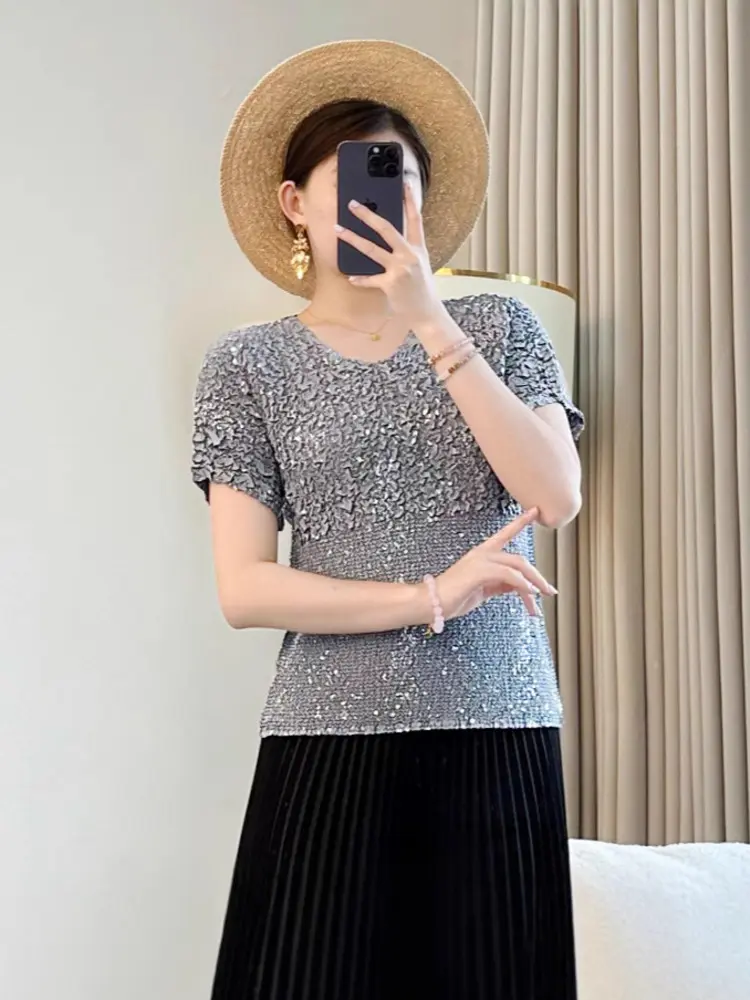 LANMREM Summer 2025 New Short Sleeve Pleated Patchwork T-shirts Round Neck Temperament Women's Slim Fit Pullover Top 2DB3121