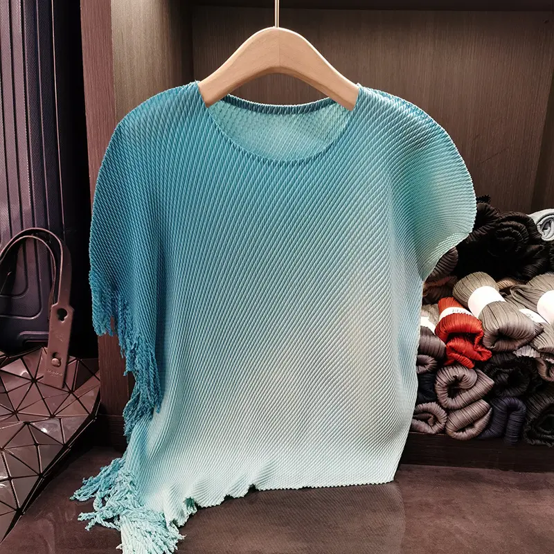 LANMREM Gradient Bat Sleeve Pleated Women's T-shirt Summer New Irregular Loose O-neck Short Sleeve Tassel Spliced Top 2DB3325