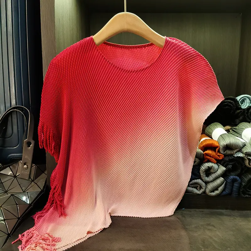 LANMREM Gradient Bat Sleeve Pleated Women's T-shirt Summer New Irregular Loose O-neck Short Sleeve Tassel Spliced Top 2DB3325