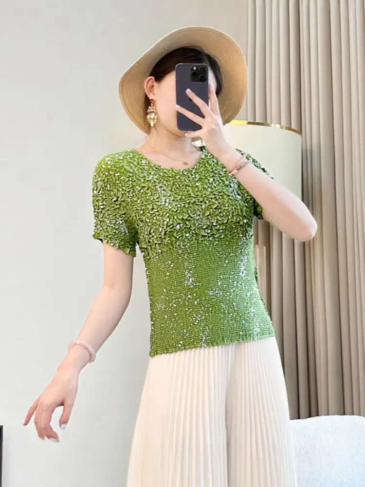 LANMREM Summer 2025 New Short Sleeve Pleated Patchwork T-shirts Round Neck Temperament Women's Slim Fit Pullover Top 2DB3121