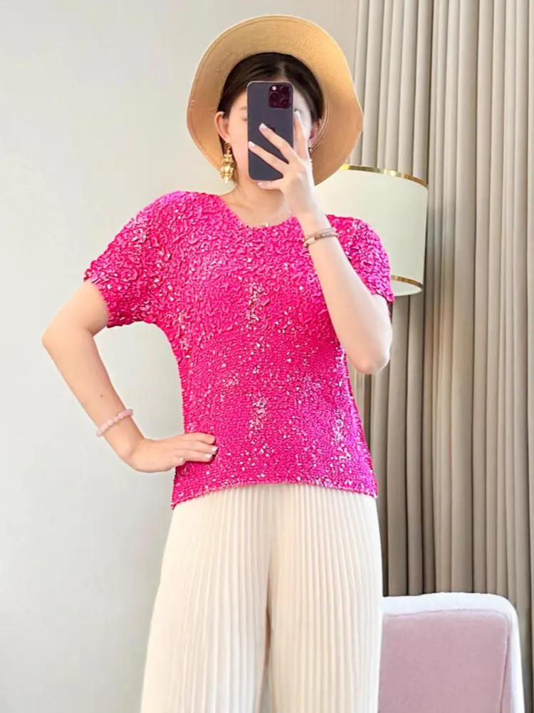 LANMREM Summer 2025 New Short Sleeve Pleated Patchwork T-shirts Round Neck Temperament Women's Slim Fit Pullover Top 2DB3121