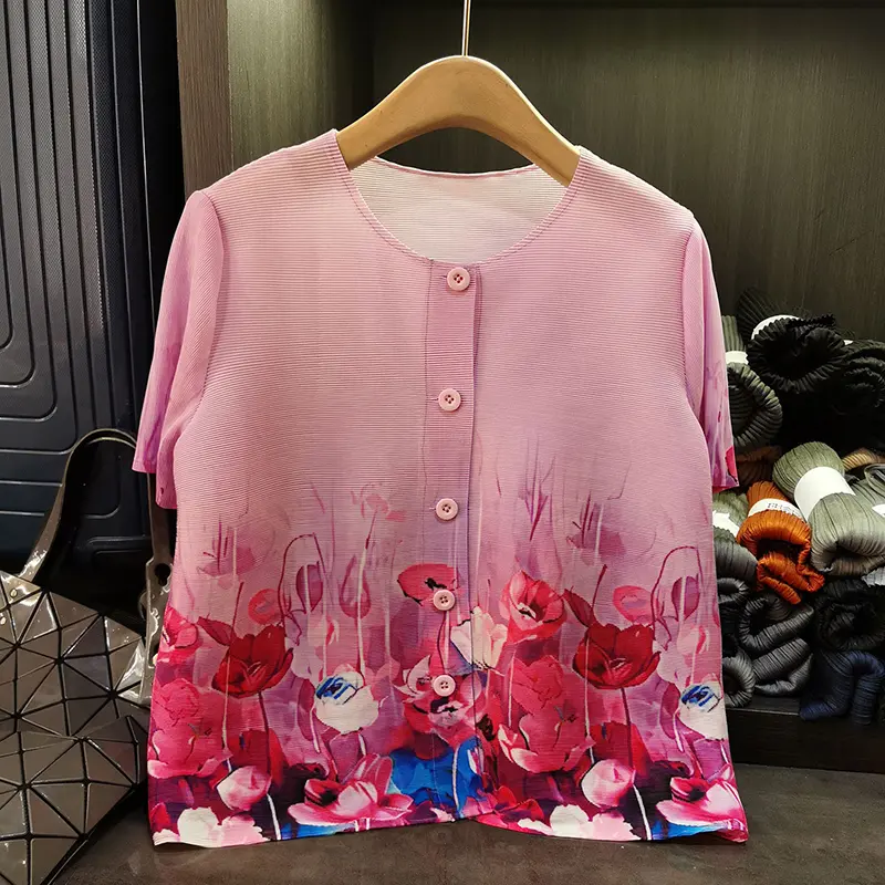 LANMREM Summer New Fashion High-end O-neck Women's Shirt Stylish Gradient Print Single-breasted Short Sleeve Blouse Tops 2DB3685