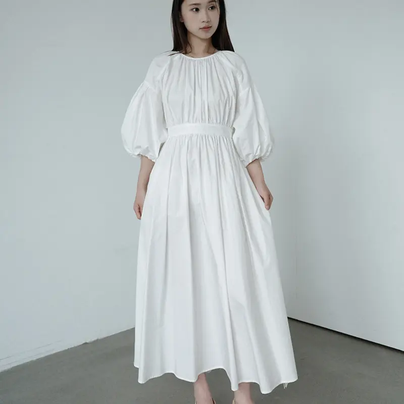 LANMREM Summer New Puff Sleeve Bandage Design Backless Women's Dress Loose Round Collar Half Sleeve Cotton Dresses Chic 2DB3851
