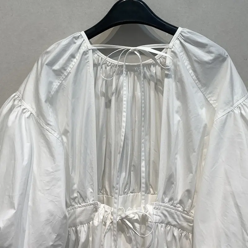 LANMREM Summer New Puff Sleeve Bandage Design Backless Women's Dress Loose Round Collar Half Sleeve Cotton Dresses Chic 2DB3851