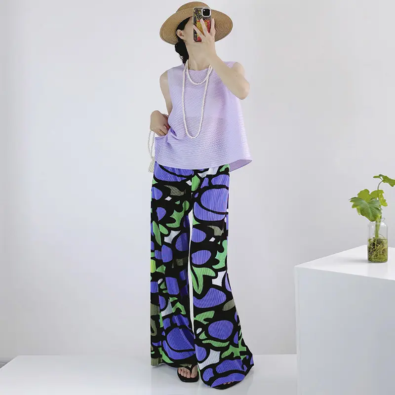 LANMREM 2025 New Design Women's Wide Leg Pants Niche Print Fashion Stylish Versatile Straight Casual Pleated Trousers 2DB3782