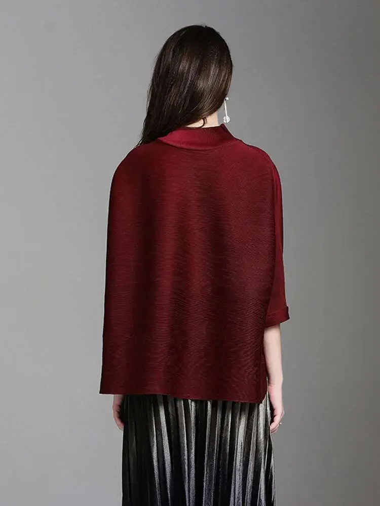 LANMREM Irregular Hem Pleated T-shirt For Women Stand Collar Three Quarter Sleeves Casual Tees Female 2025 New Fashion 2DC1320
