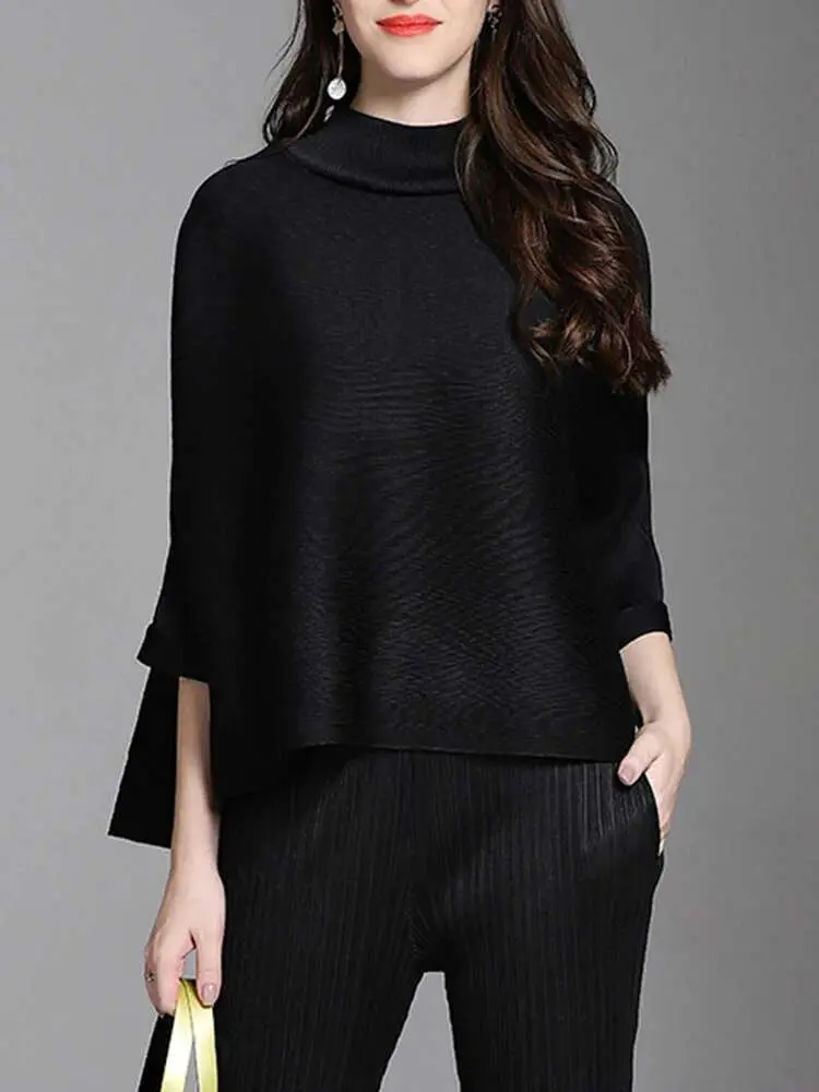LANMREM Irregular Hem Pleated T-shirt For Women Stand Collar Three Quarter Sleeves Casual Tees Female 2025 New Fashion 2DC1320