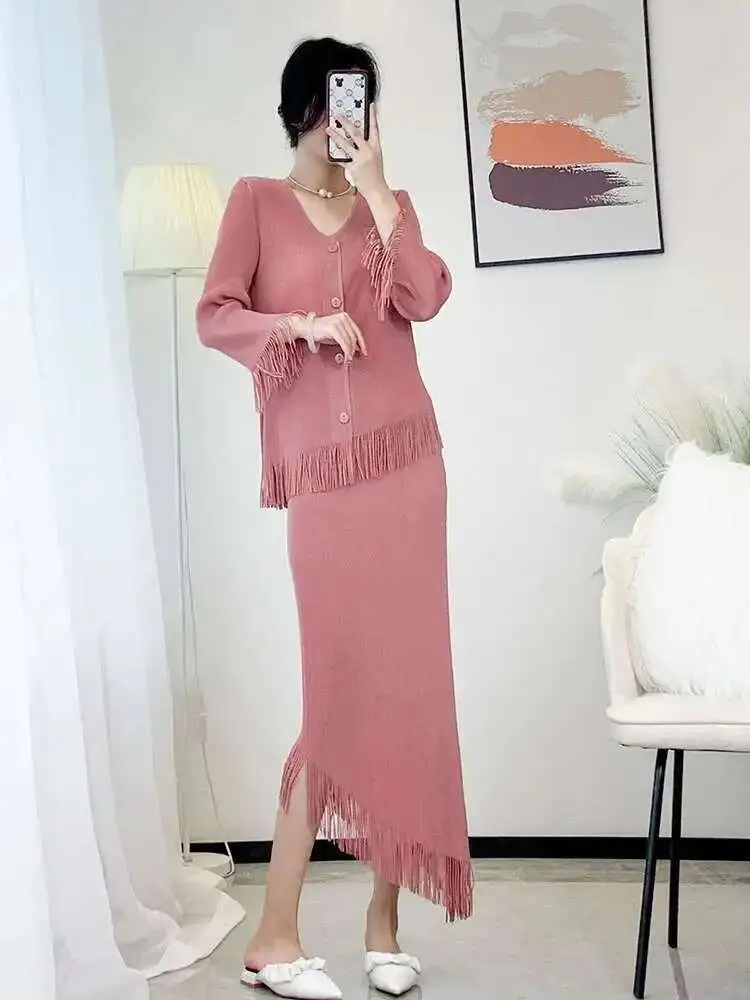 LANMREM Fringe Design Pleated Suit Women's Round Neck Single Breasted Cardigan Mid-length Skirt Fashion 2025 Summer New 2DE413