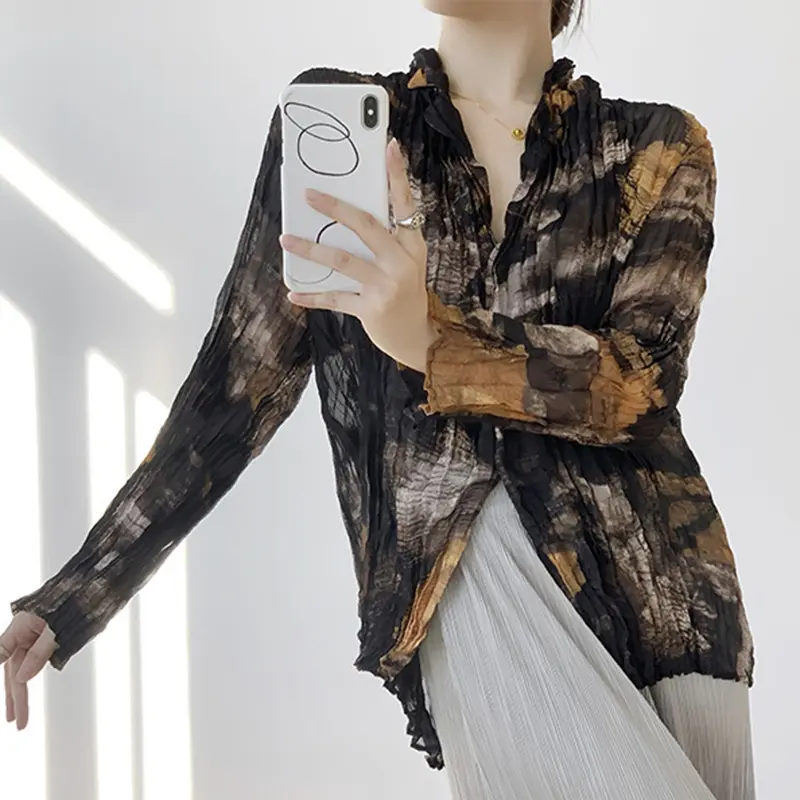 LANMREM Printting Pleated Summer Lightweight Women's Shirt Chic Tie-Dye Elastic Slimming Long Sleeve Sun Protection Top 2DB3947