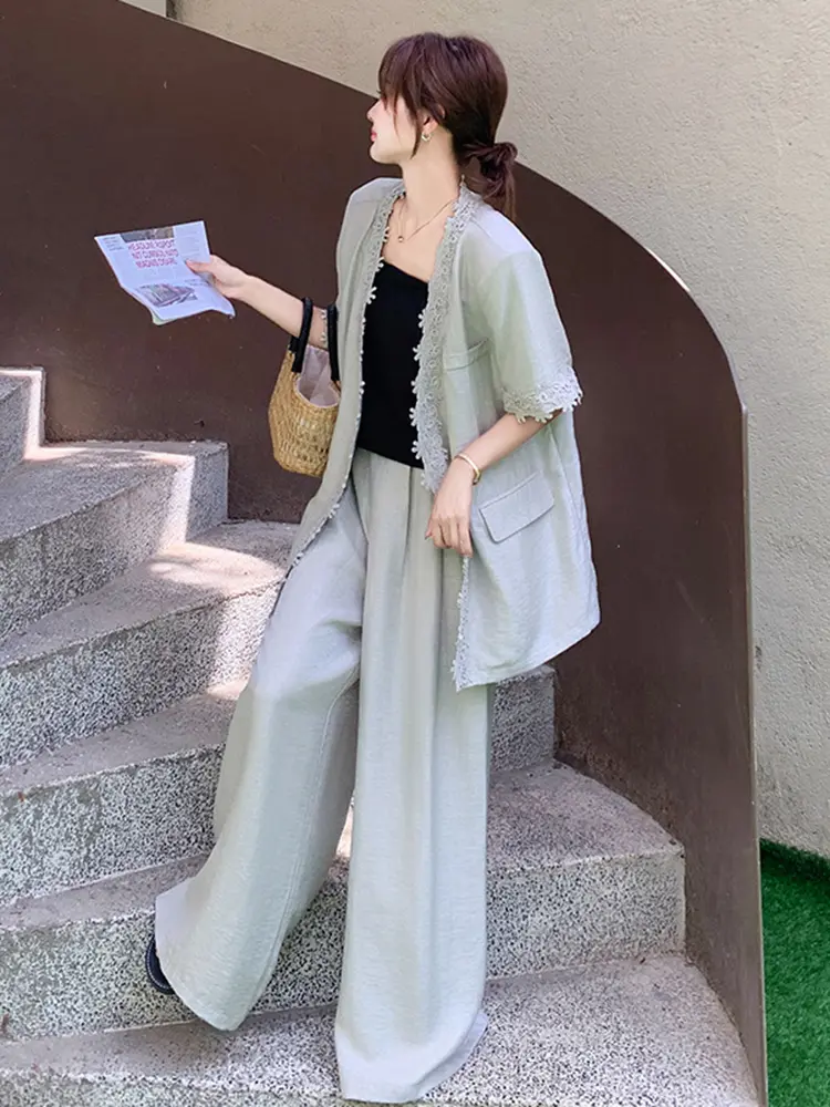 LANMREM Lace Trim Patchwork Thin Suit Wide-Leg Pants Set For Women Summer 2025 New Casual Fashion Two-Piece Sets 2DM1002