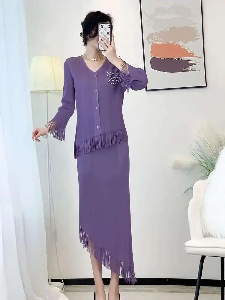 LANMREM Fringe Design Pleated Suit Women's Round Neck Single Breasted Cardigan Mid-length Skirt Fashion 2025 Summer New 2DE413