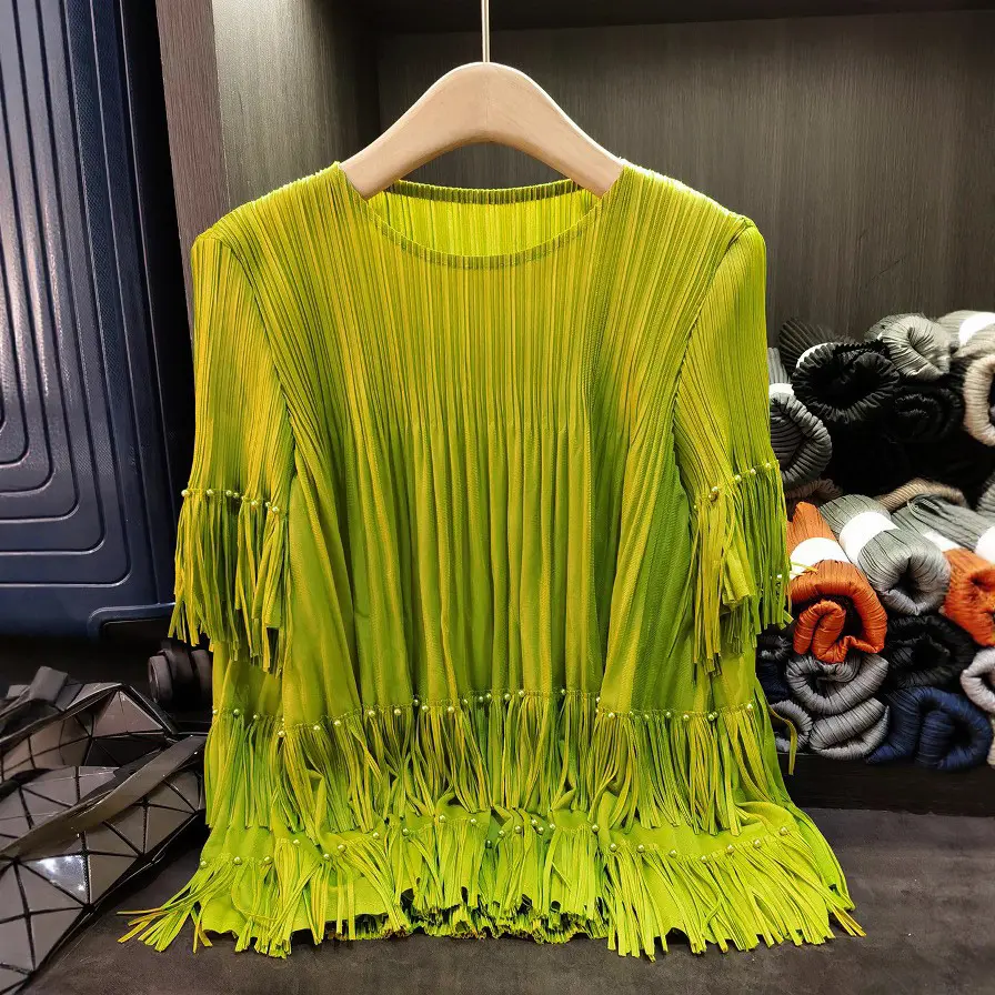 LANMREM Tassel Patchwork Design Pleated Women's Two Pieces Set Round Collar Short Sleeve Top And Straight Skirt Chic New 2DB4069