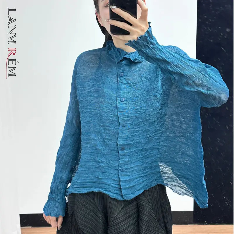 LANMREM Texture Pleated Women's Long Sleeve Shirt 2025 New High End Stand Collar Lightweight Semitransparent Wrinkled Top DB4100
