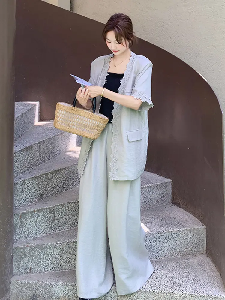 LANMREM Lace Trim Patchwork Thin Suit Wide-Leg Pants Set For Women Summer 2025 New Casual Fashion Two-Piece Sets 2DM1002