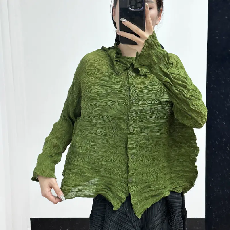 LANMREM Texture Pleated Women's Long Sleeve Shirt 2025 New High End Stand Collar Lightweight Semitransparent Wrinkled Top DB4100