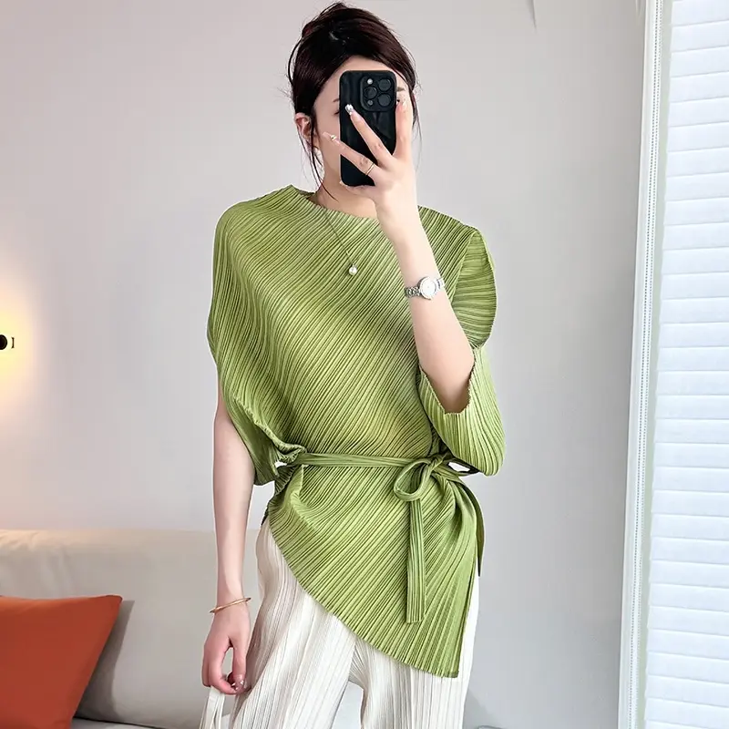 LANMREM Pleated Irregular Women's T-shirt Bawting Short Sleeve Elastic Loose Wrinkle Round Neck Tie Waist Pullover Top 2DB4214