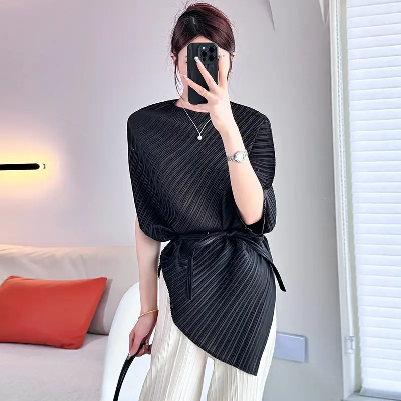LANMREM Pleated Irregular Women's T-shirt Bawting Short Sleeve Elastic Loose Wrinkle Round Neck Tie Waist Pullover Top 2DB4214