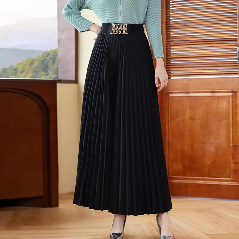 LANMREM Black Versatile Casual Wide Leg Pants For Women 2025 Chic New Pleated Straight Long Trousers Fashion Clothing 2DB3885