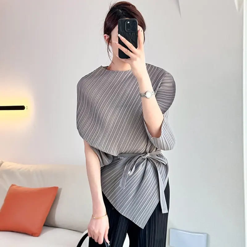 LANMREM Pleated Irregular Women's T-shirt Bawting Short Sleeve Elastic Loose Wrinkle Round Neck Tie Waist Pullover Top 2DB4214