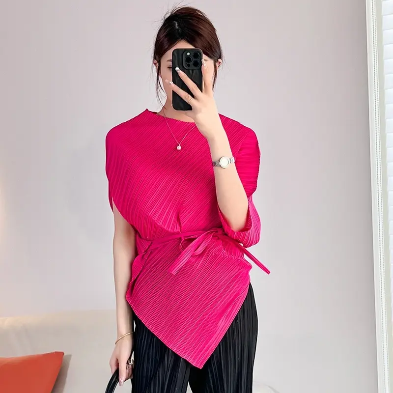 LANMREM Pleated Irregular Women's T-shirt Bawting Short Sleeve Elastic Loose Wrinkle Round Neck Tie Waist Pullover Top 2DB4214