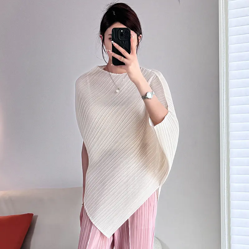 LANMREM Pleated Irregular Women's T-shirt Bawting Short Sleeve Elastic Loose Wrinkle Round Neck Tie Waist Pullover Top 2DB4214