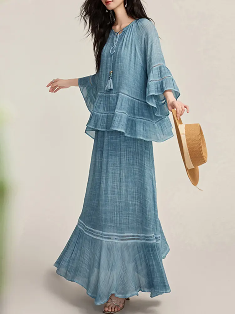 LANMREM 2025 Summer Women's New Ruffle Top + Skirt Two-Piece Set Cotton Linen Outfit Female Casual Clothing 2DM1063