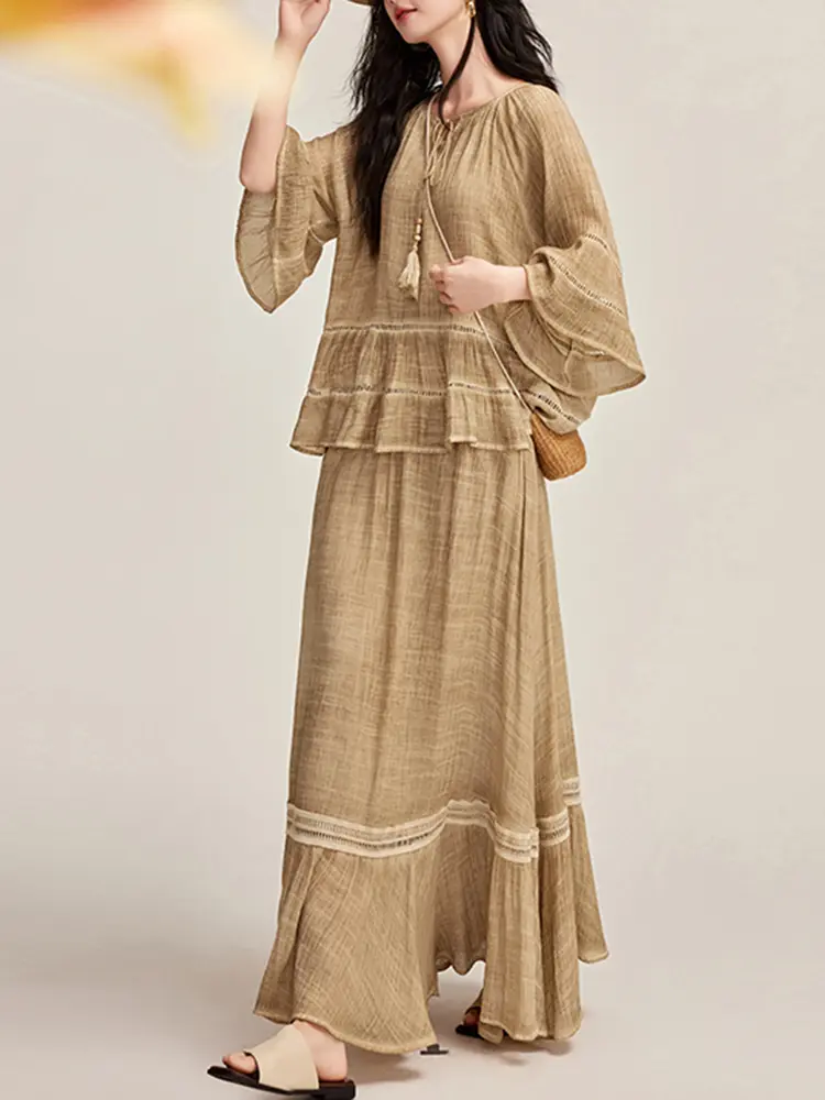 LANMREM 2025 Summer Women's New Ruffle Top + Skirt Two-Piece Set Cotton Linen Outfit Female Casual Clothing 2DM1063