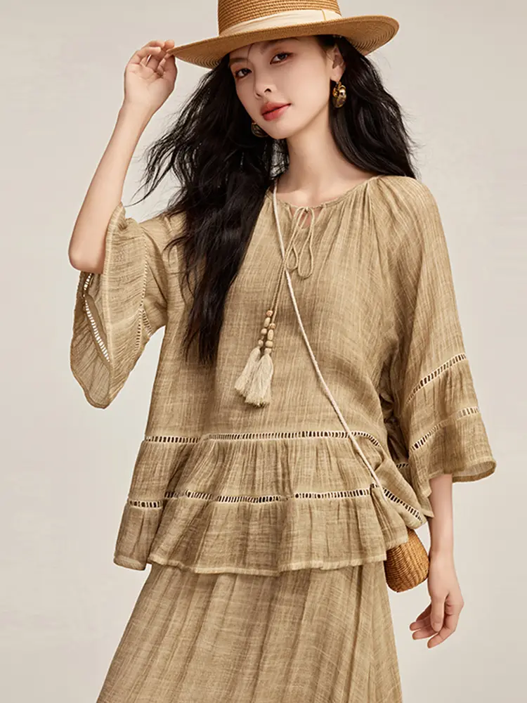 LANMREM 2025 Summer Women's New Ruffle Top + Skirt Two-Piece Set Cotton Linen Outfit Female Casual Clothing 2DM1063
