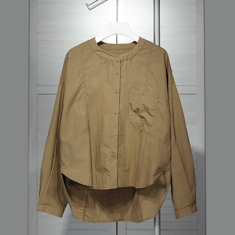 LANMREM French Style Design Front Short Back Long Round Neck Shirt For Women 2025 Chic New Loose Long Sleeve Blouse Top 2DB3958