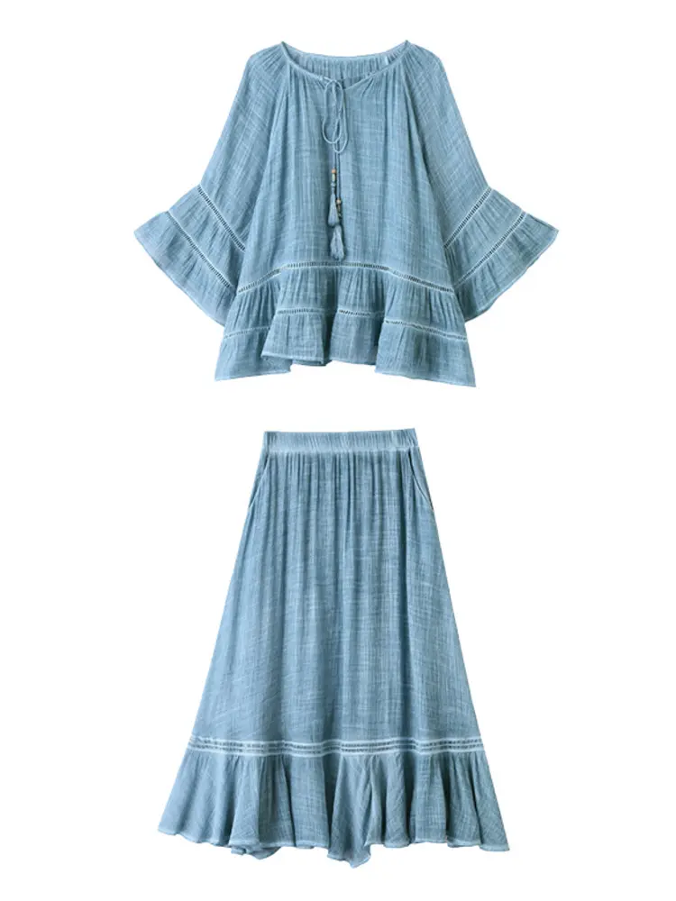 LANMREM 2025 Summer Women's New Ruffle Top + Skirt Two-Piece Set Cotton Linen Outfit Female Casual Clothing 2DM1063