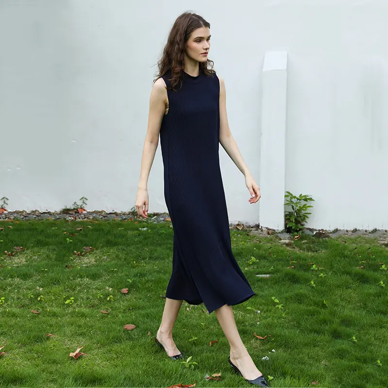 LANMREM 2025 New French Style Mid-Length Dress Elegant Temperament Solid Color Summer Sleeveless Women's Pleated Dress 2DB4170