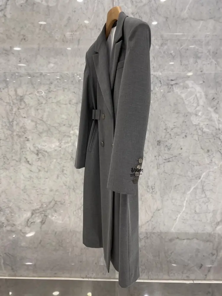 LANMREM Long Blazer Coat Women Notched Collar Double Breasted Gathered Waist Gray Color Fashion Clothes 2025 Spring New 2DA5304