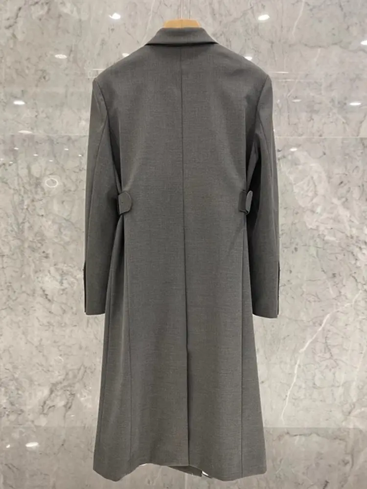 LANMREM Long Blazer Coat Women Notched Collar Double Breasted Gathered Waist Gray Color Fashion Clothes 2025 Spring New 2DA5304