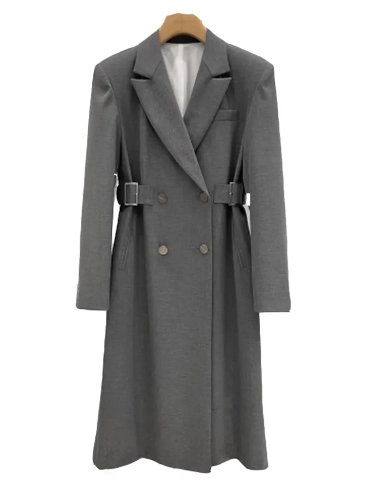 LANMREM Long Blazer Coat Women Notched Collar Double Breasted Gathered Waist Gray Color Fashion Clothes 2025 Spring New 2DA5304