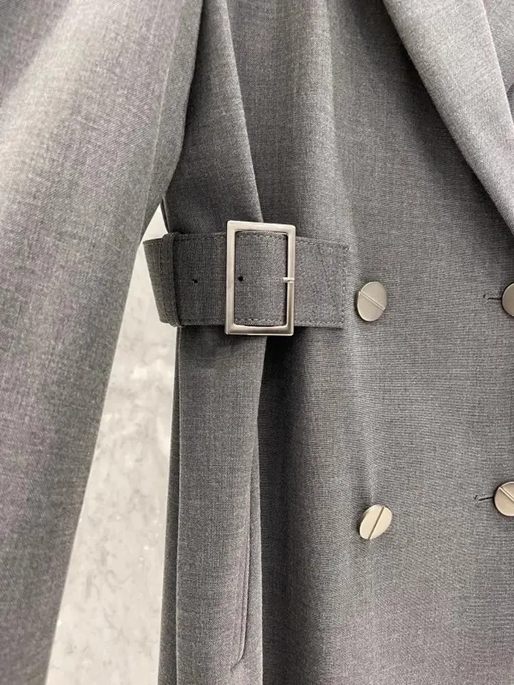 LANMREM Long Blazer Coat Women Notched Collar Double Breasted Gathered Waist Gray Color Fashion Clothes 2025 Spring New 2DA5304