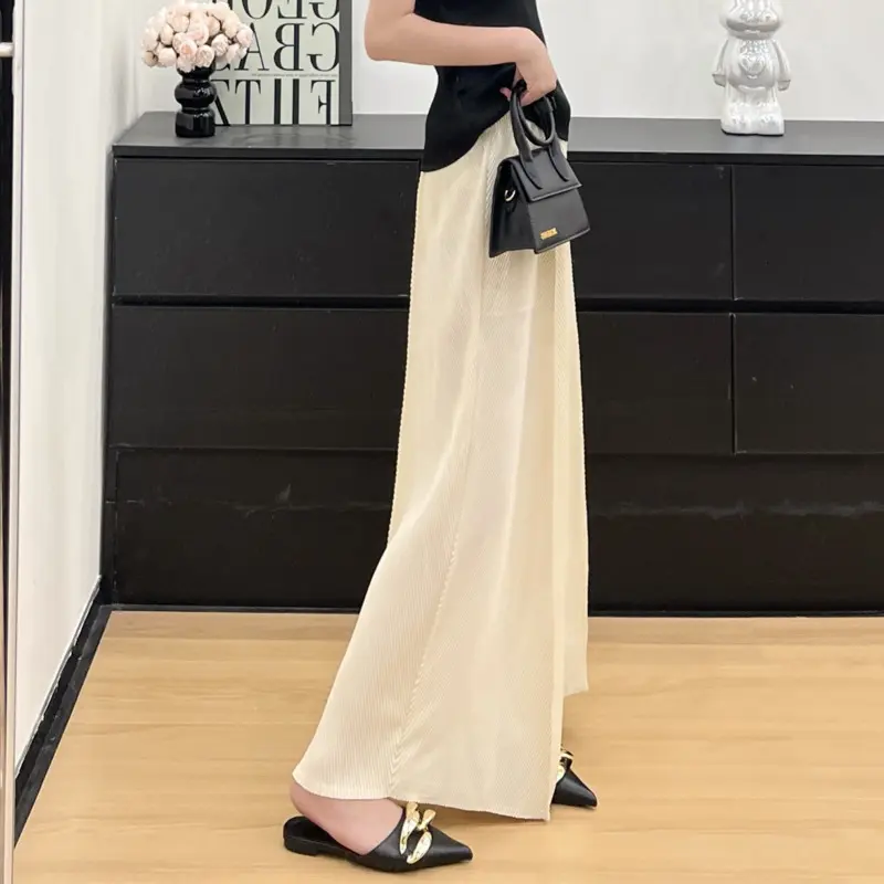 LANMREM Apricot Pleated 2025 New Simple High-End Design Women's Wide Leg Pants Loose Elastic High Waist Chic Trousers 2DB3775