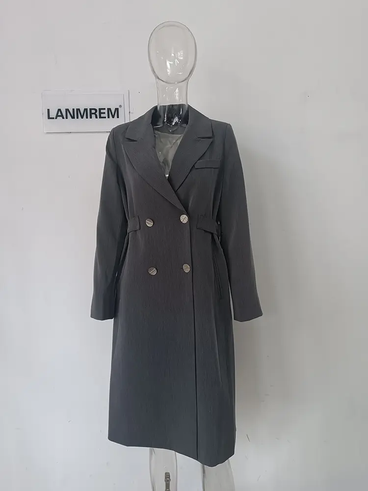 LANMREM Long Blazer Coat Women Notched Collar Double Breasted Gathered Waist Gray Color Fashion Clothes 2025 Spring New 2DA5304